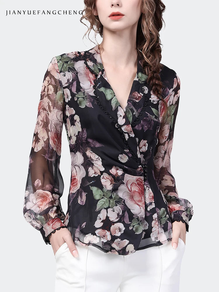 Top de gasa de manga larga Camisa ajustada con botones y estampado floral