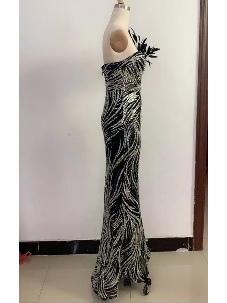 Backless Feather Sequins Black Maxi Long Gowns