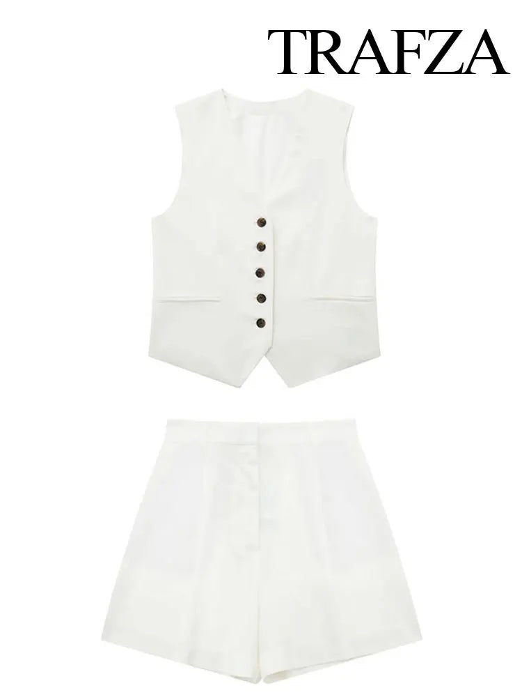 Linen Shorts Set Vintage Casual V Neck Chic Vest Set