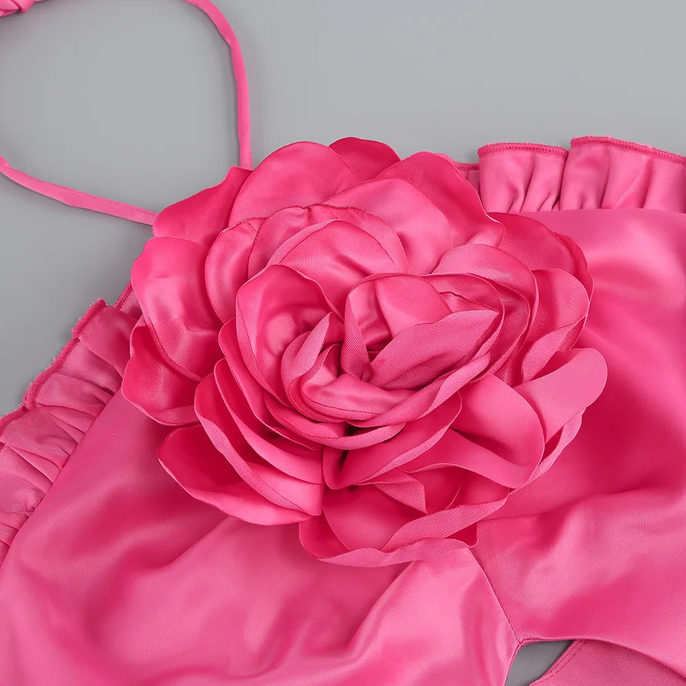 Halter Flower Pink Satin Dress