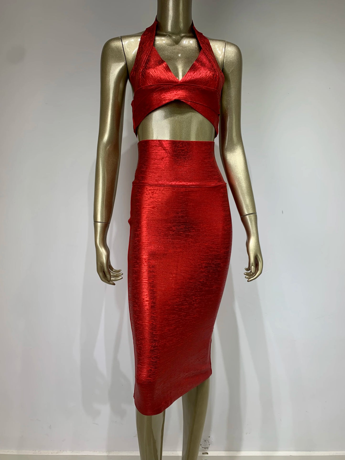 V Neck Bronzing Red Midi Bodycon Bandage Skirt Set