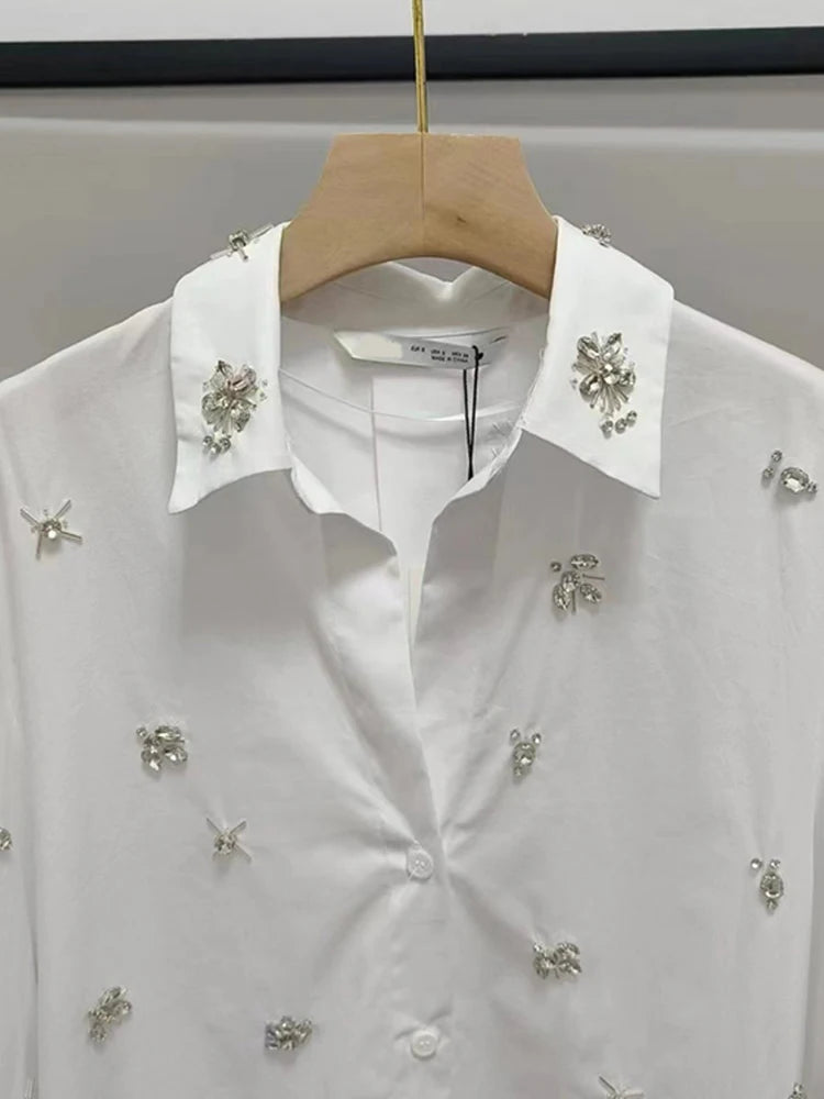 Crystal Beading Decoration White Shirt