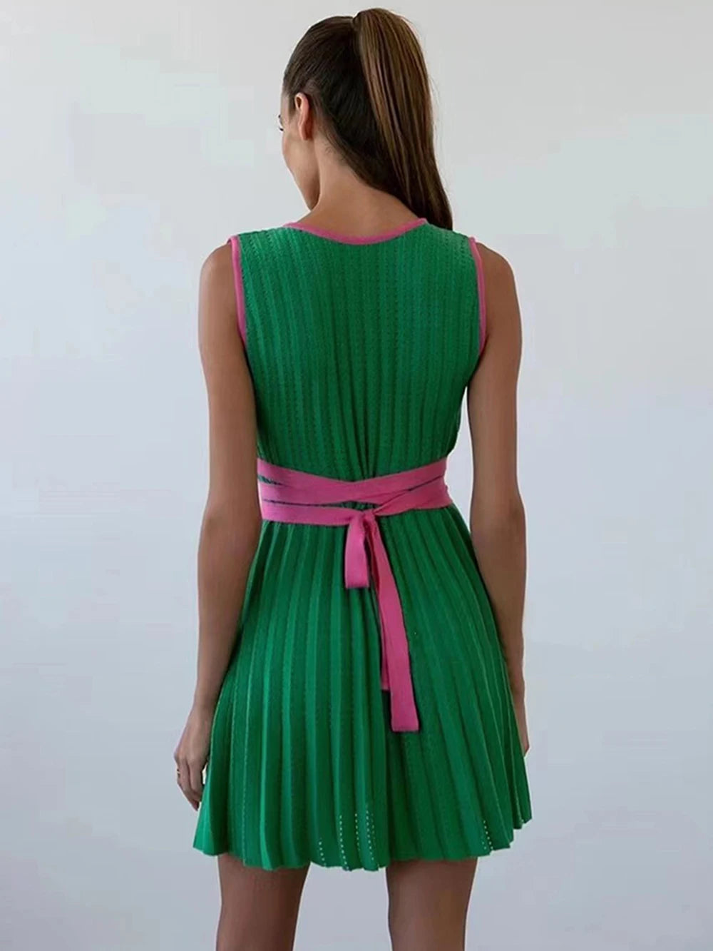 Pleated Mini Dress  V-neck