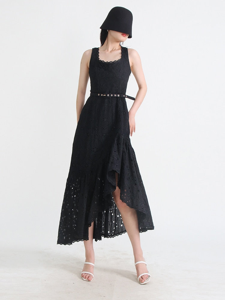 Slim Embroidery  Square Collar Sleeveless High Waist Backless Print Dress