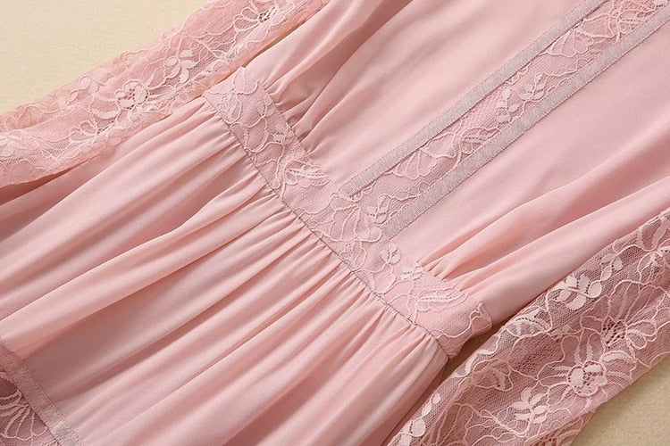 Long Dress Lantern Sleeve Elegant Big Swing Lace Trim Hem Pink Print Dresses