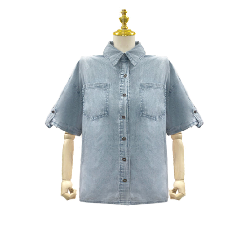Popular Short Sleeved Shirt  Washed Distressed Casual Denim Top