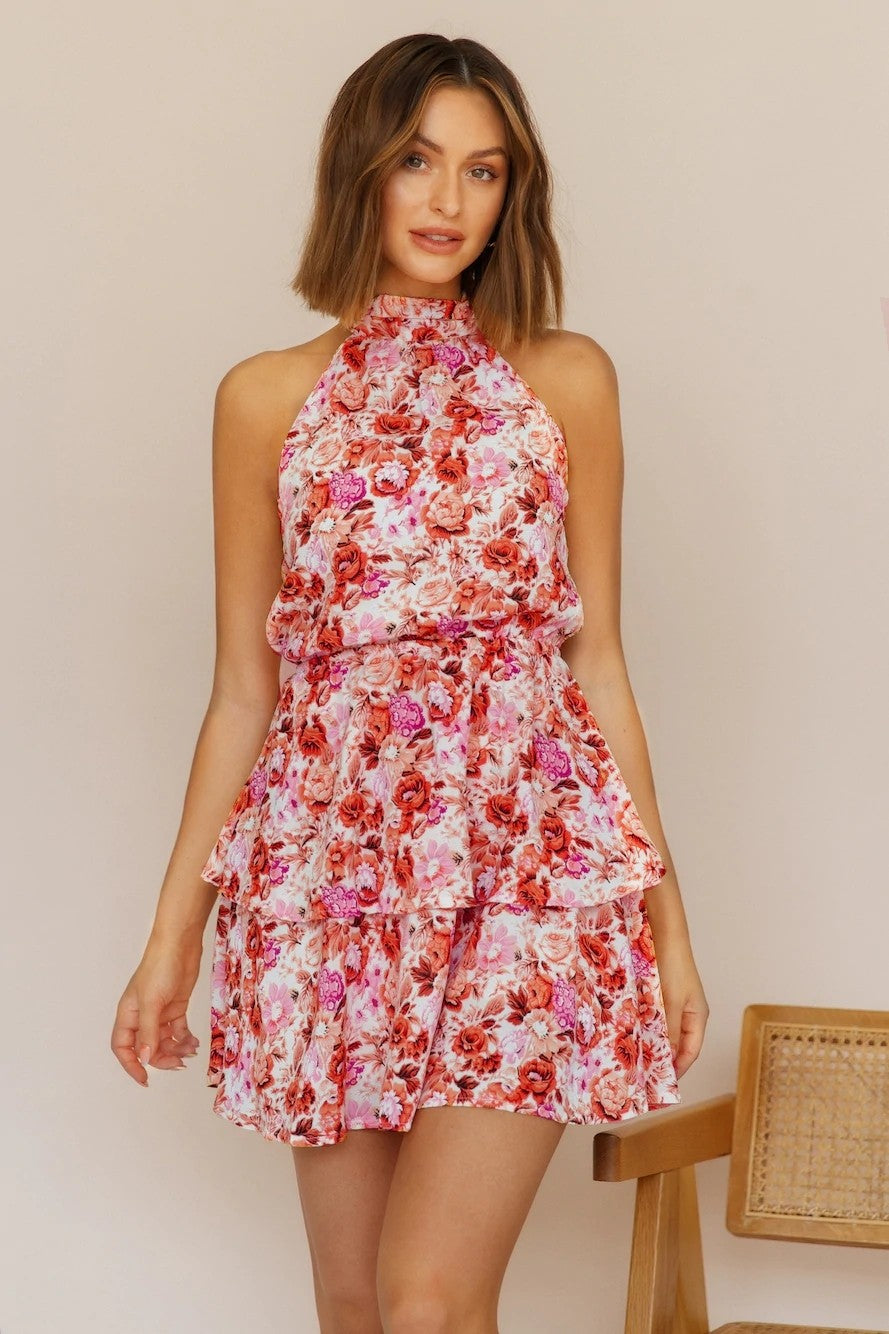 Floral Ruffled Tiered A Line Tie Backless Dress