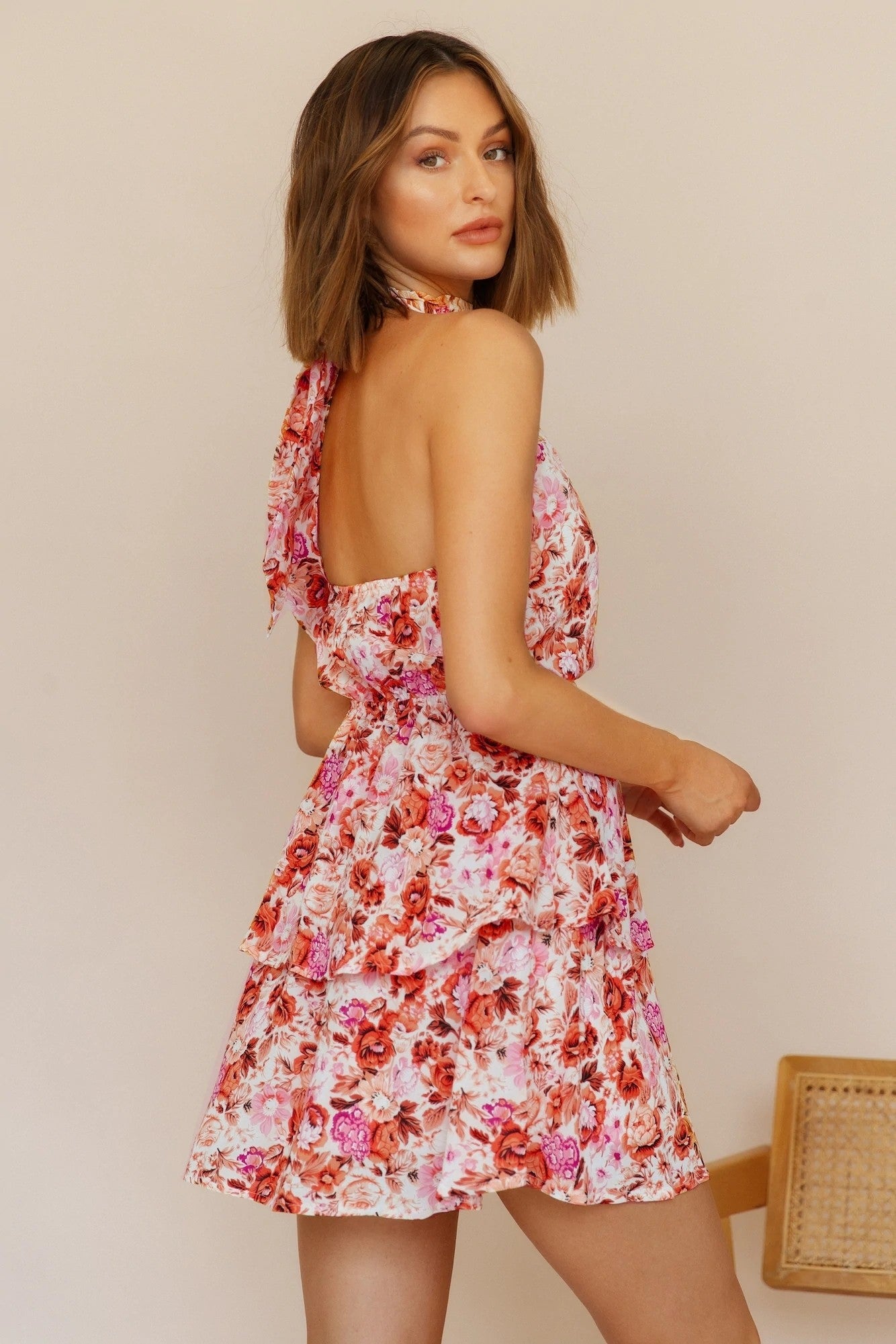 Floral Ruffled Tiered A Line Tie Backless Dress
