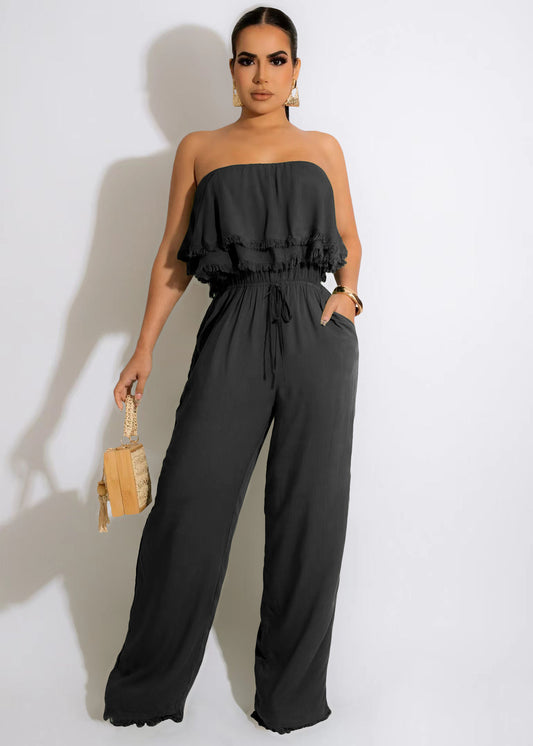 Solid Color Sleeveless Casual Wrapped Chest Ruffled Jumpsuit