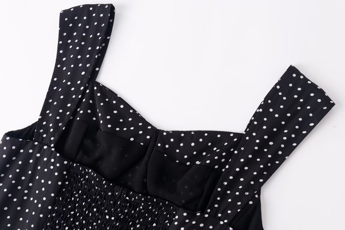 Comfortable Square Collar Pure Black Bottom Polka Dot Printed Dress