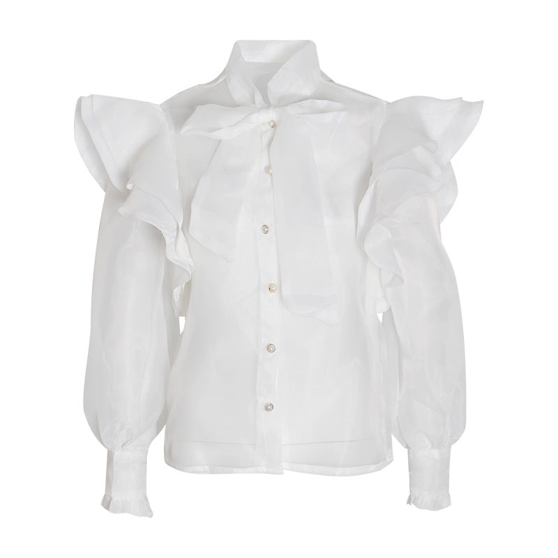 Palace See through Organza Shirt Bow Lace up Stand-up Collar Lantern Sleeve Slim Fitting Blouse