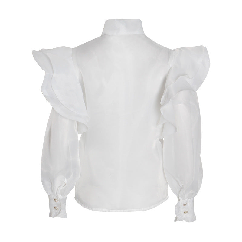 Palace See through Organza Shirt Bow Lace up Stand-up Collar Lantern Sleeve Slim Fitting Blouse