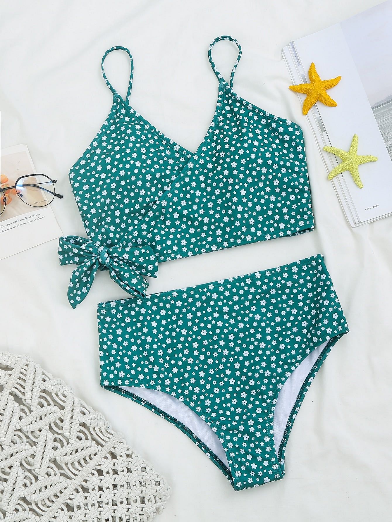 Ditsy Floral Wrap Knot Bikini Swimsuit-Verde Limon Panama