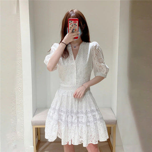 Puff Sleeve Embroidered Cutout Lace Dress