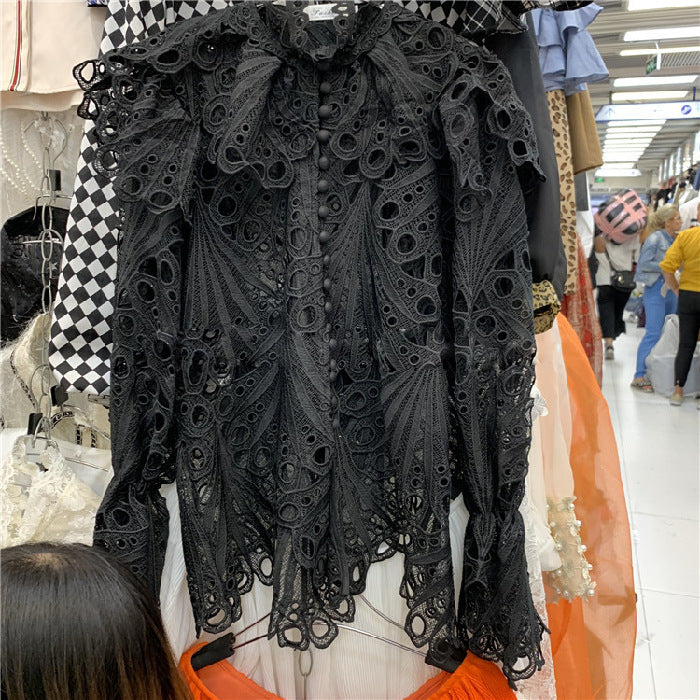 High Neck Lantern Sleeves Ruffled Heavy Embroidery Cutout Lace Shirt