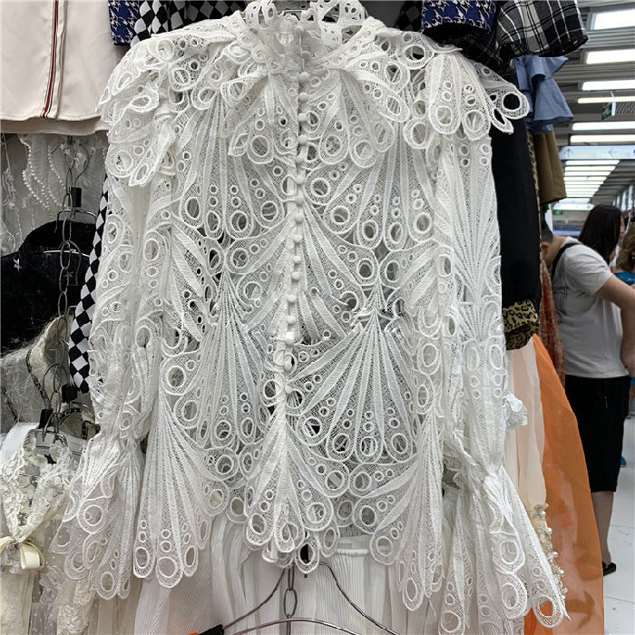 High Neck Lantern Sleeves Ruffled Heavy Embroidery Cutout Lace Shirt