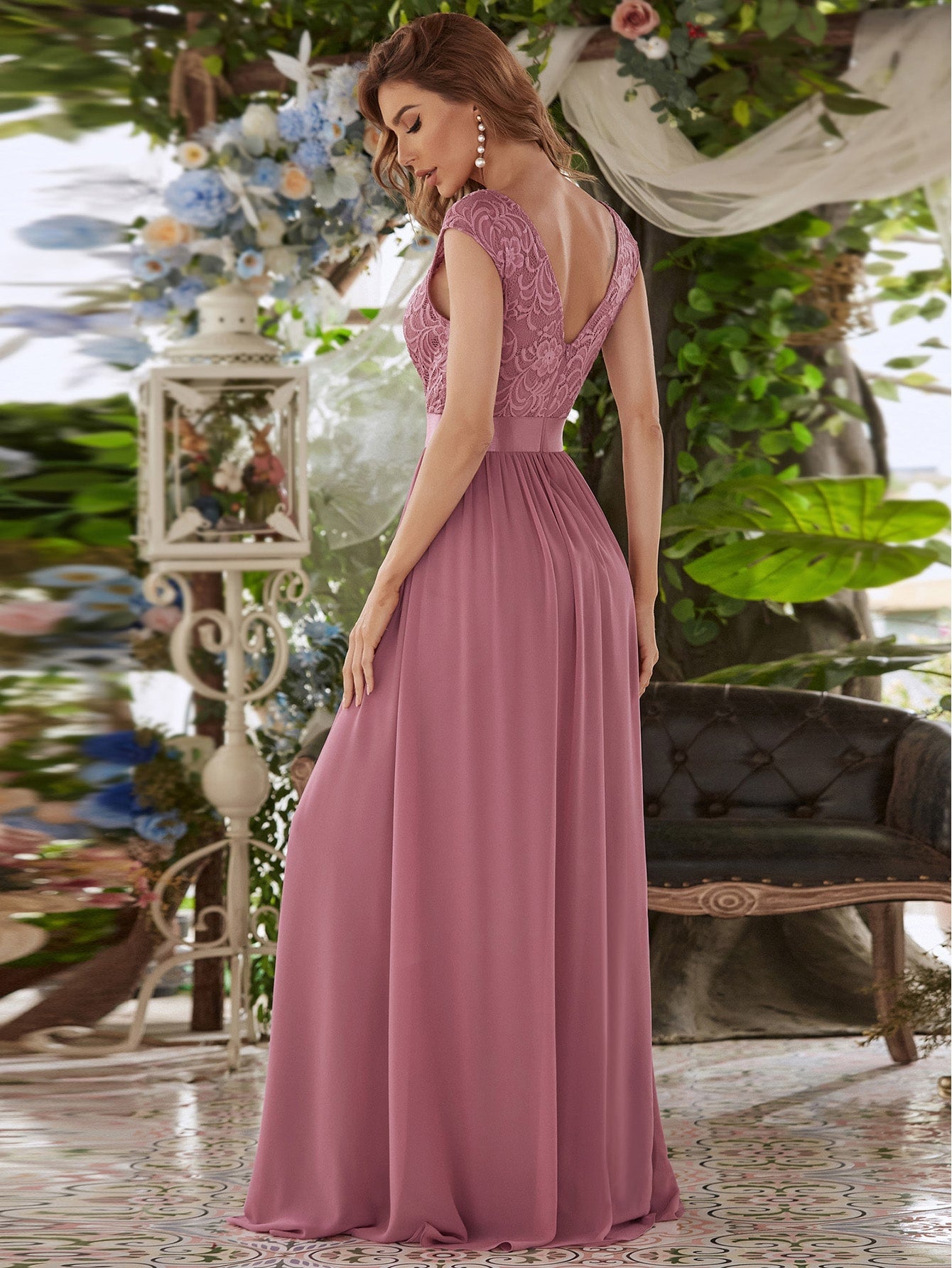 V-back Lace Bodice Chiffon Prom Dress-Verde Limon Panama