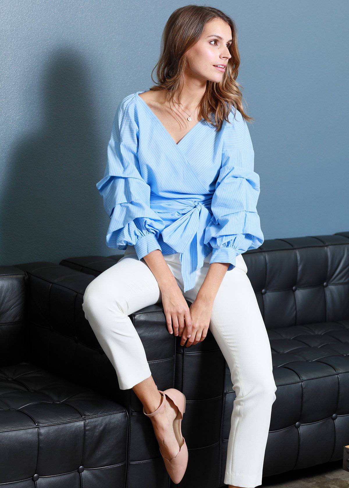 Gathered Sleeve Wrap Blouse In Blue
