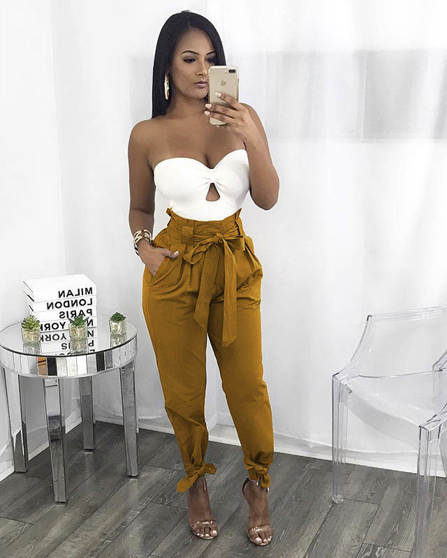 Loose Bow Ruffle Women Pants  High Waist Solid Trousers