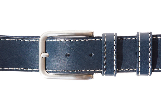 Leather belt with white stitching