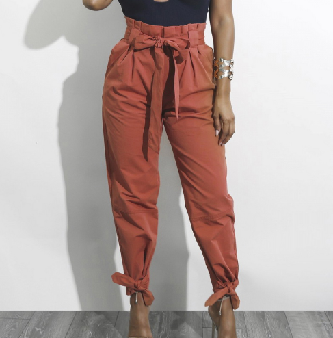 Loose Bow Ruffle Women Pants  High Waist Solid Trousers