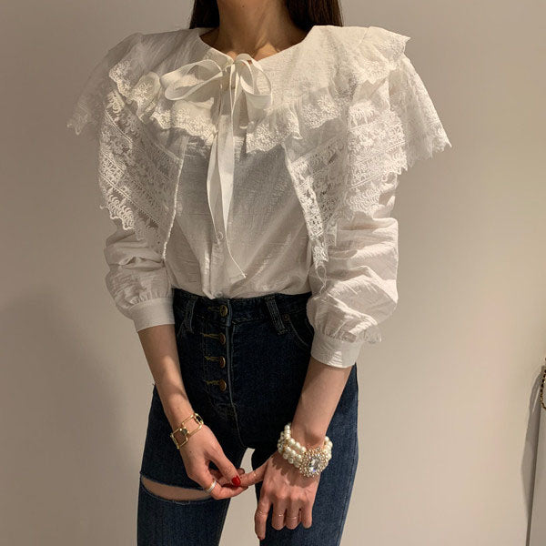 Double-layer Ruffled Lace-up Spring Loose All-match Shirt For Women