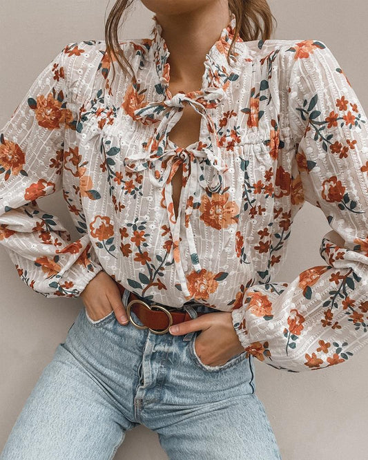 Cotton Printed Long Sleeve V-neck Top