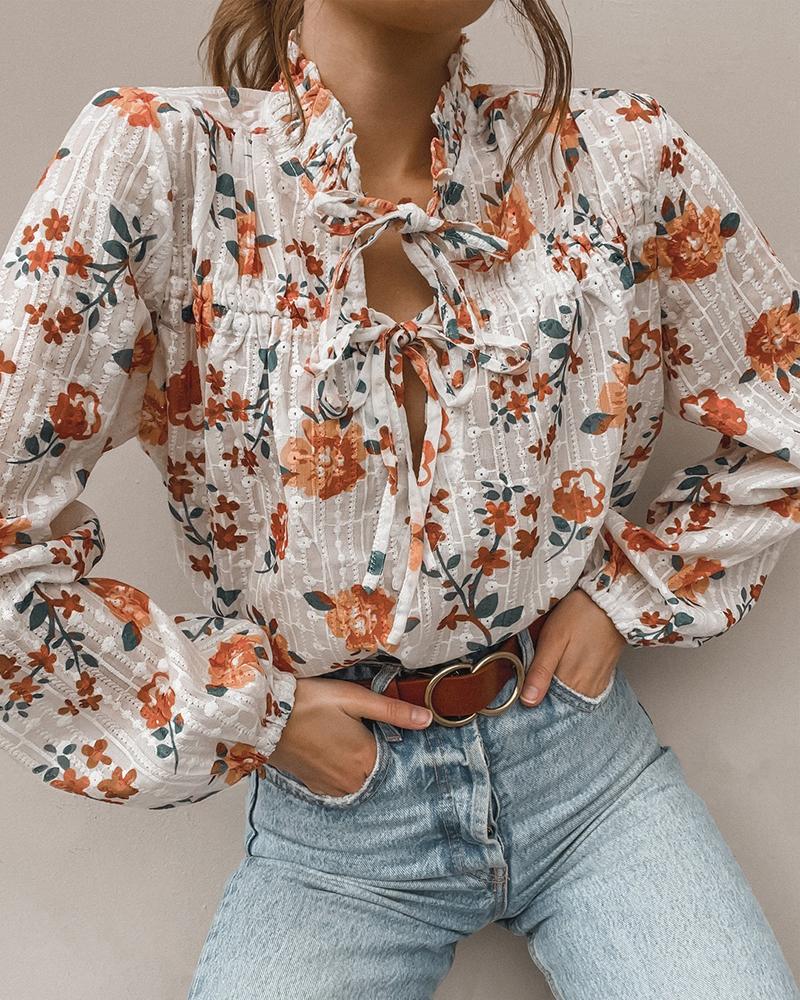 Cotton Printed Long Sleeve V-neck Top
