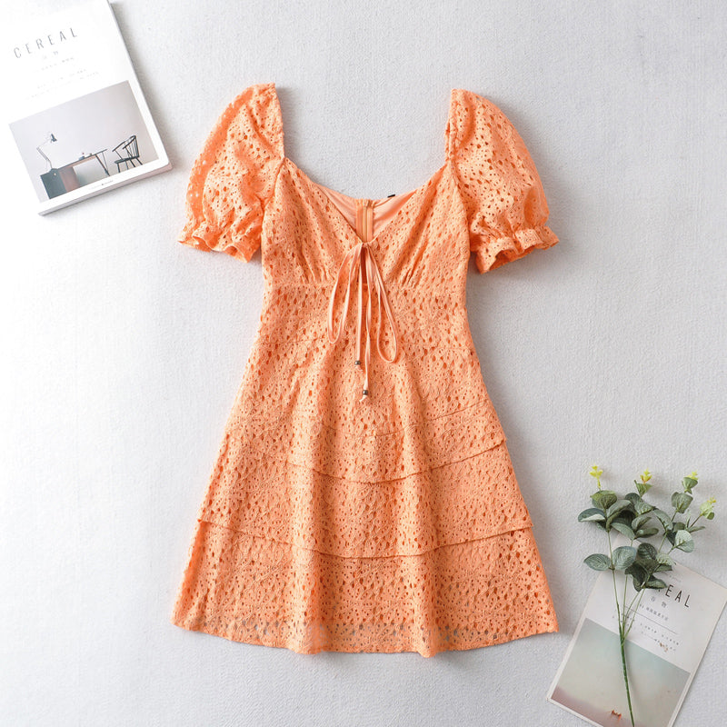 Fresh round Neck Puff Sleeve Lace Lace-up A- line Dress