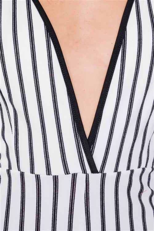 White & Black Trim Stripe V-Neck Criss-Cross Strap Back Jumpsuit