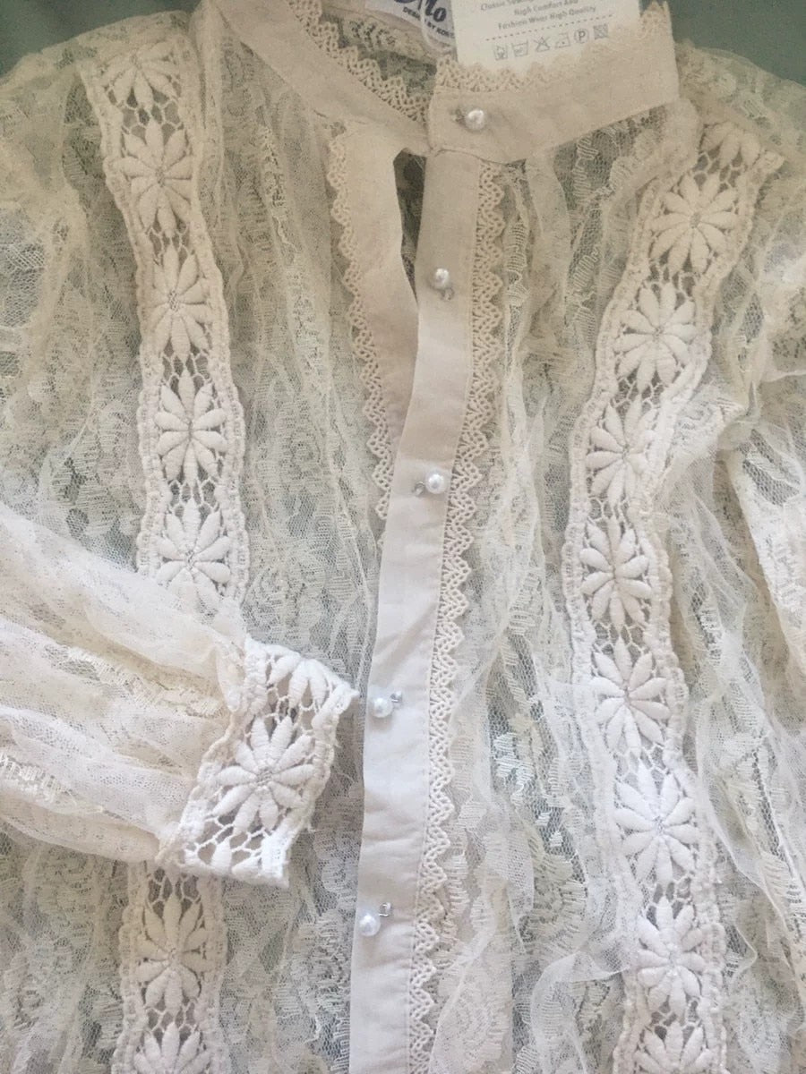 Lace Embroidery Long Ruffles Sleeved Soft Black White Party Sweety  Blouse