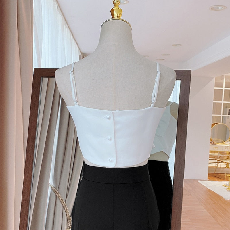 Patchwork Bow Women Vest Square Collar Sleeveless Spaghetti Strap Slim Tank Tops