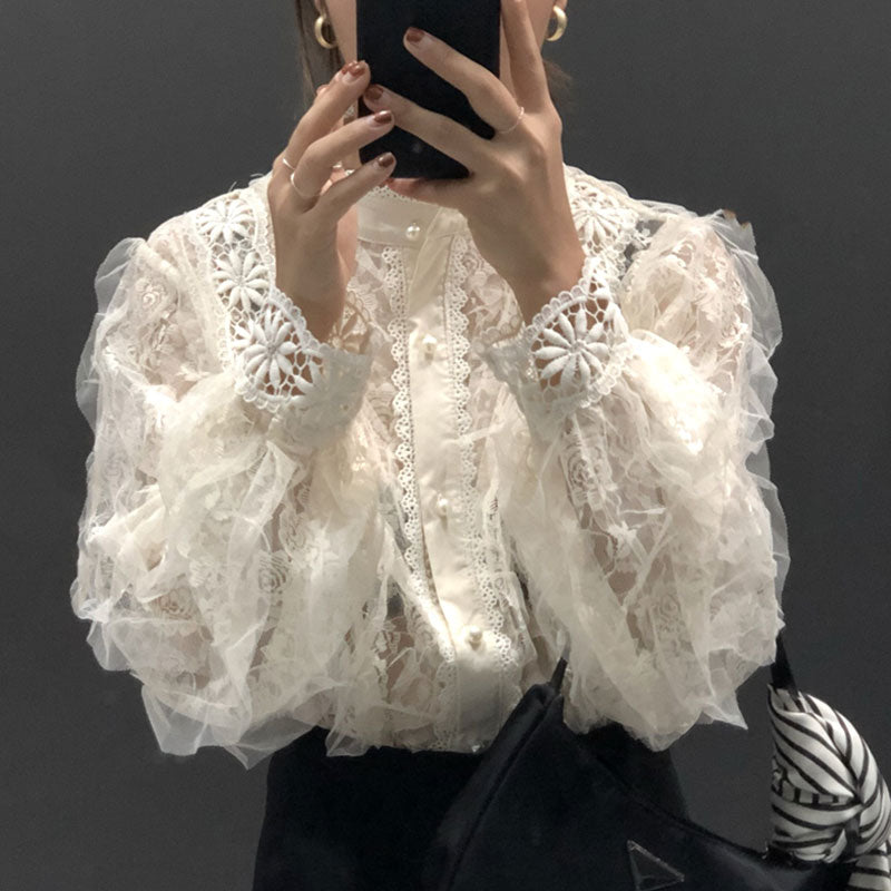 Lace Embroidery Long Ruffles Sleeved Soft Black White Party Sweety  Blouse