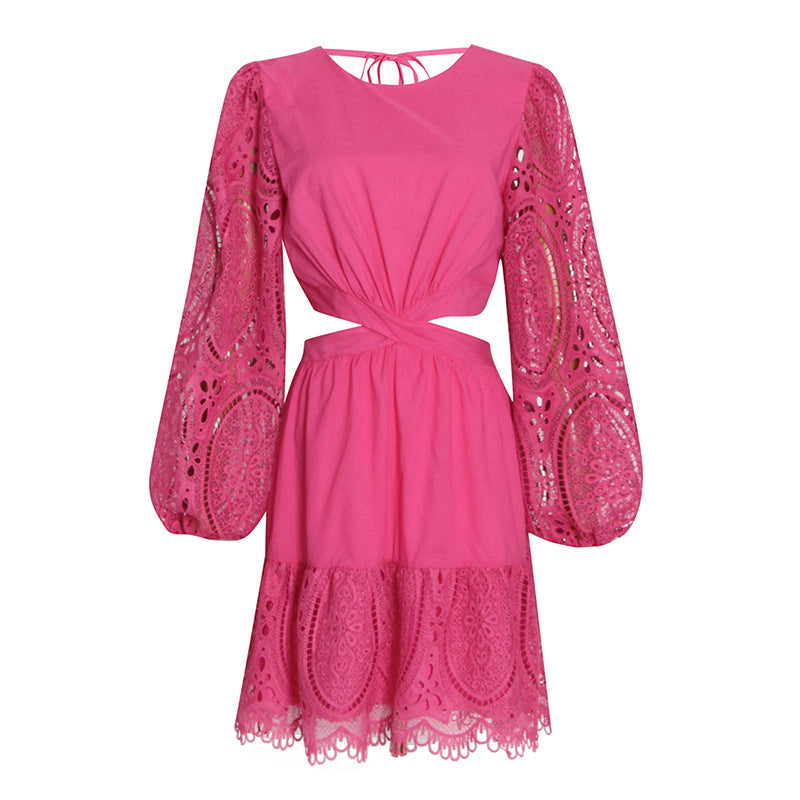Temperament Elegant A- line Skirt  round Neck Lantern Sleeve Midriff Outfit Lace Twisted Dress