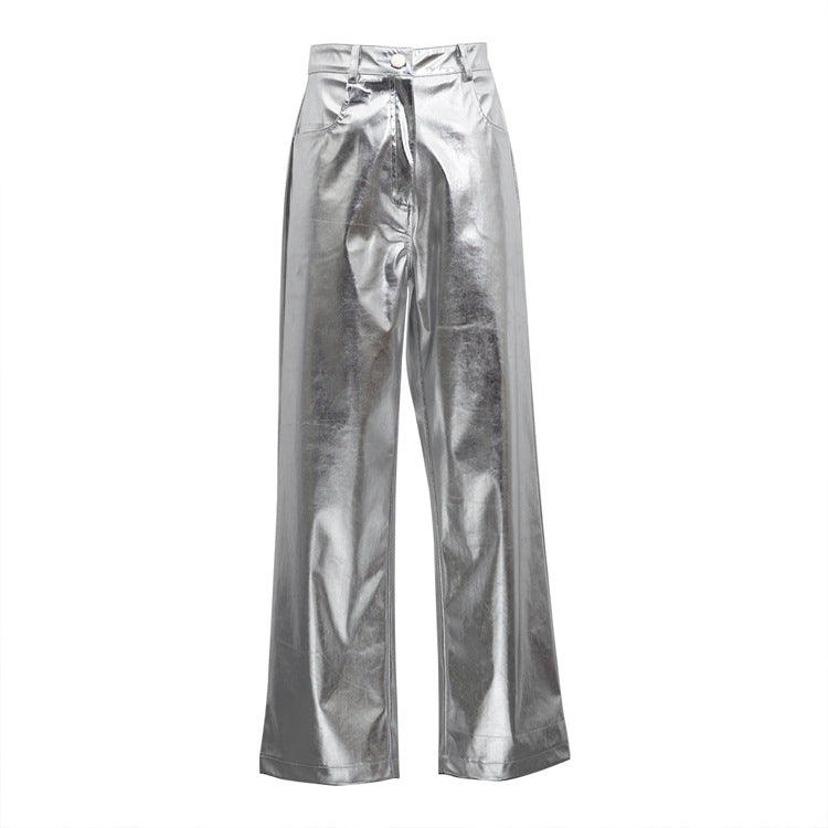 Street High Waist Reflective Faux Leather Pants