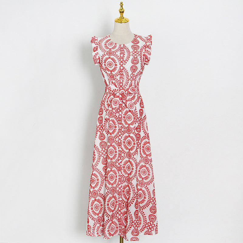 Printed Ethnic Dress  round Neck Single-Breasted Dress