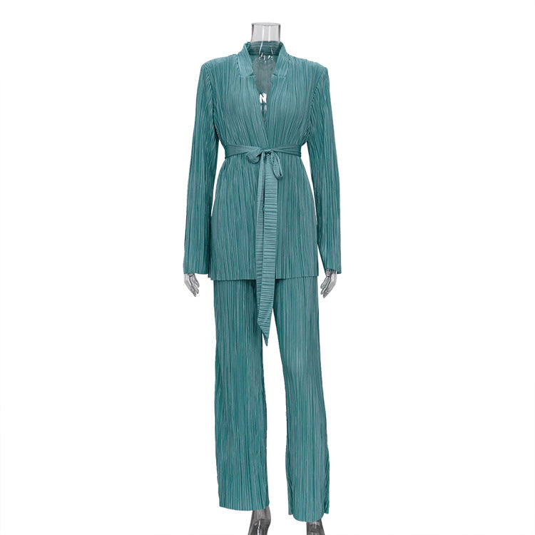 Suit Matching Split Sleeve Lace up Shirt Pleated Pants Two Piece Set