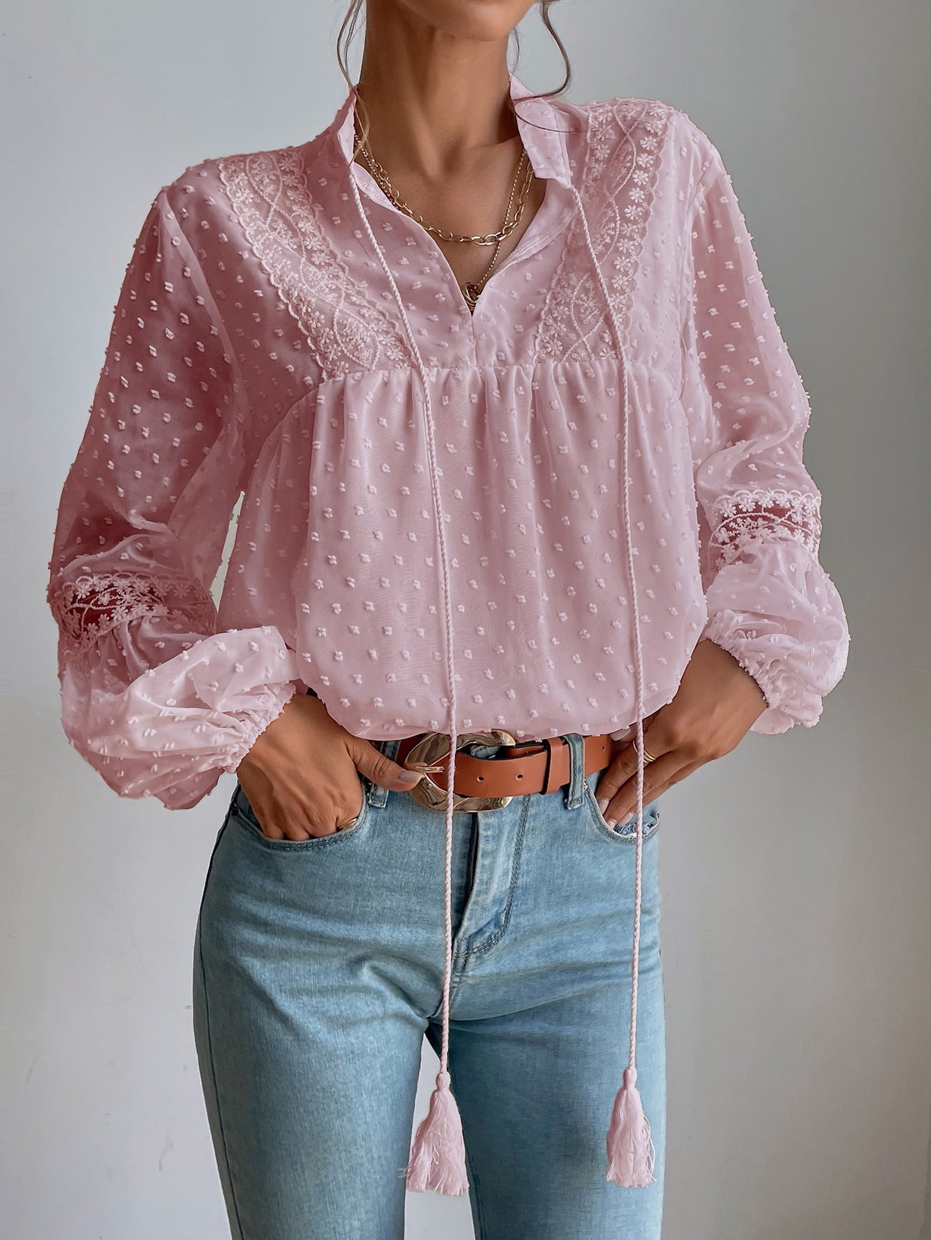 Polka Dot Chiffon Lace Stitching Loose Shirt