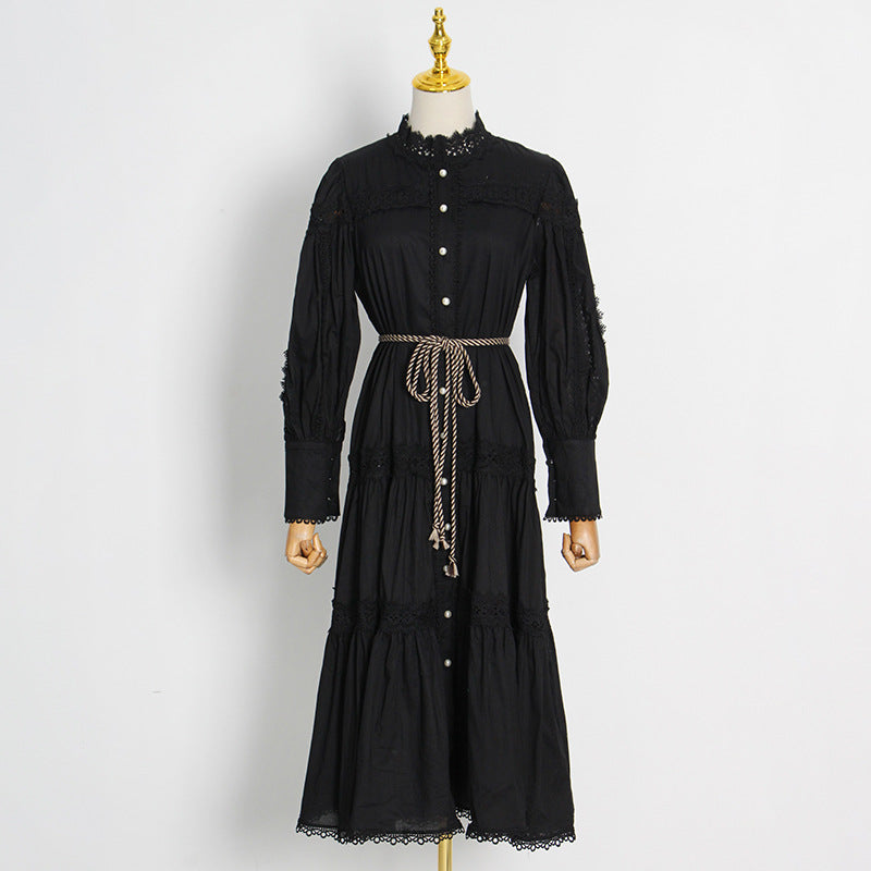 Autumn Stand Collar Puff Sleeve Hollow Out Cutout Embroidered Dress