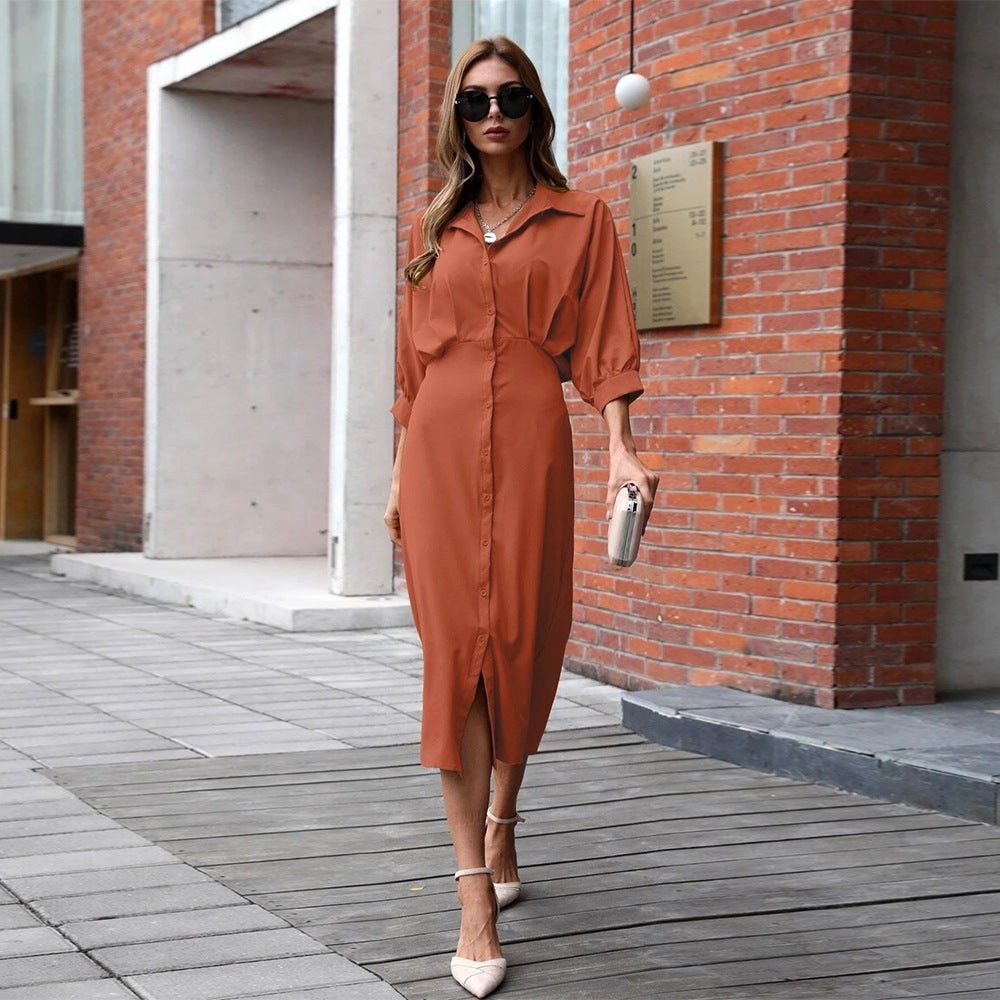 Streetwear V-neck Pure Color All-Matching One Breasted 3/4 Sleeve Dress