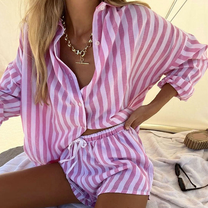 Loose Cardigan Top Striped Casual Shorts Two-Piece Set