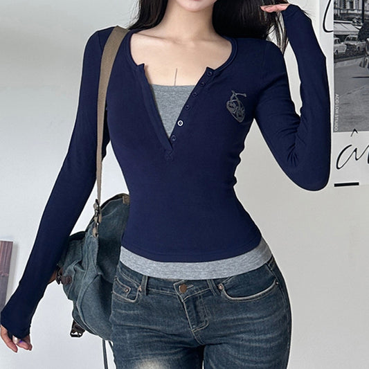 Autumn Winter Faux Two Piece V neck Slim Fit Slimming Sweater T shirt