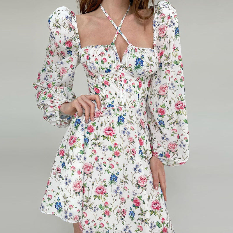 Square Collar Halter Puff Sleeve Floral A- line   Dress