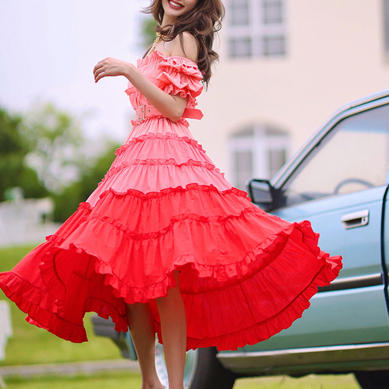 Pink off-Shoulder Color Contrast Patchwork Layered Gradient Flounced dress