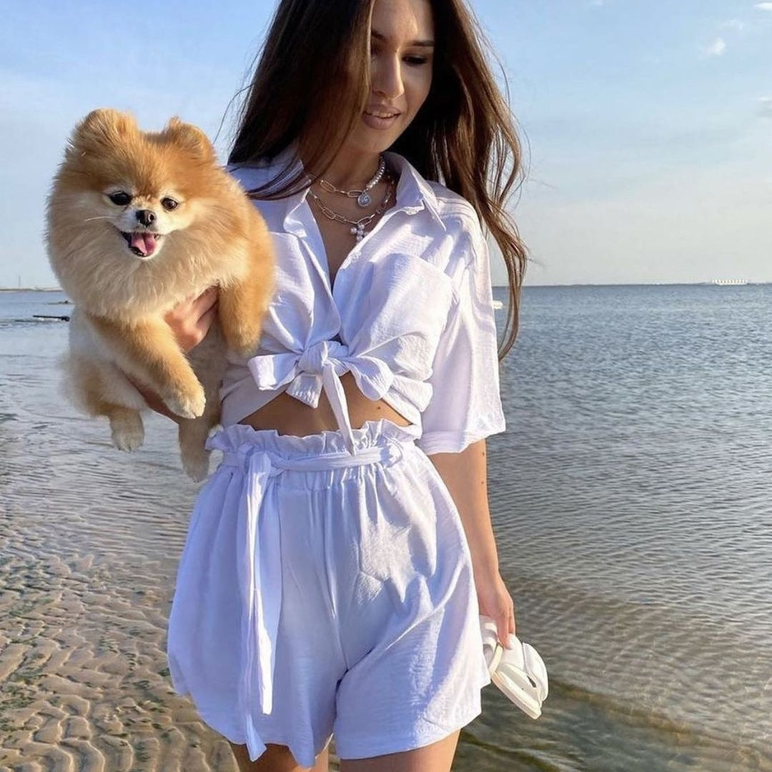 Solid Color Single-Breasted Short Sleeve Shirt Strap Casual Beach Two-Piece Set