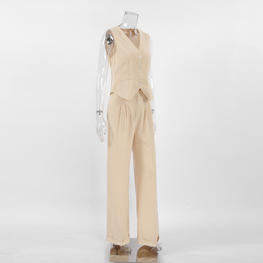 Cotton Linen Sleeveless Vest Waistcoat Trousers Suit  Casual Two Piece Suit