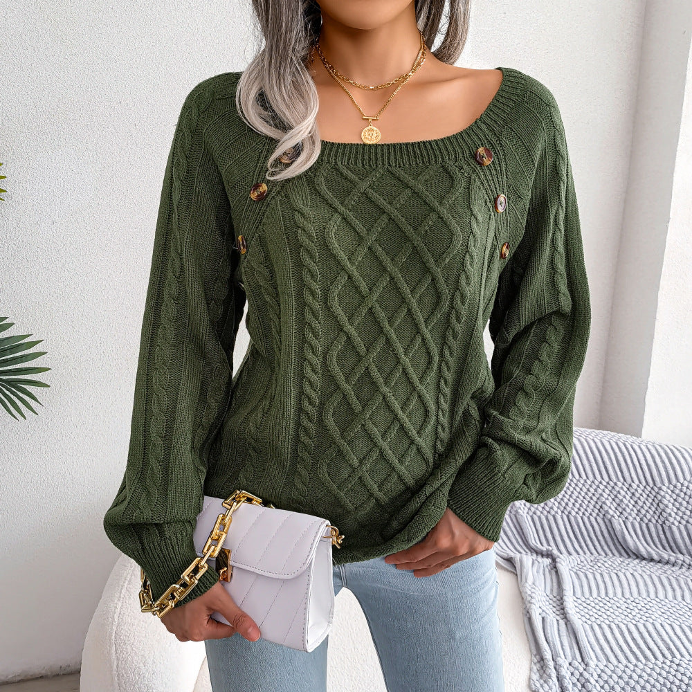 Casual Square Collar Clinch Twist Knitted Pullover Sweater