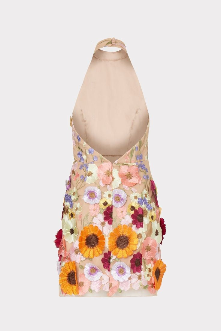 Embroidered Three Dimensional Floral Halter Slim Dress