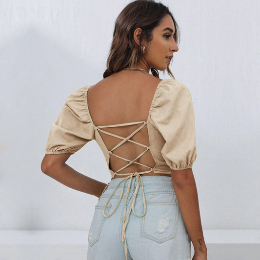 Square Collar Solid Color Backless Lace up T-shirt Navel-Exposed  Top