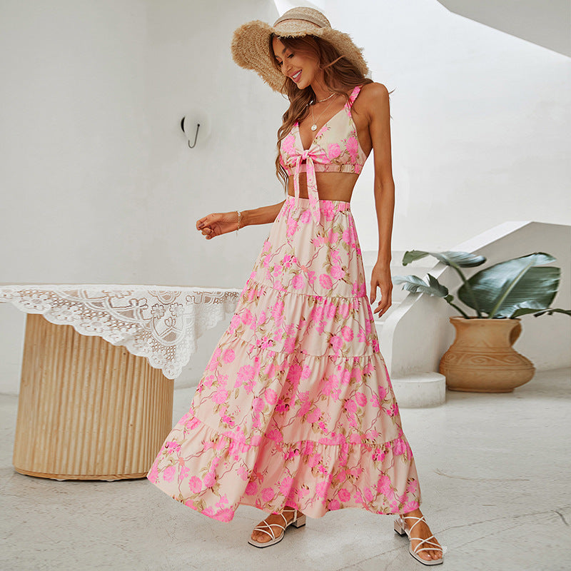 Sleeveless Backless Dress Slim-Fit Pink Printing Slip Dress-Verde Limon Panama